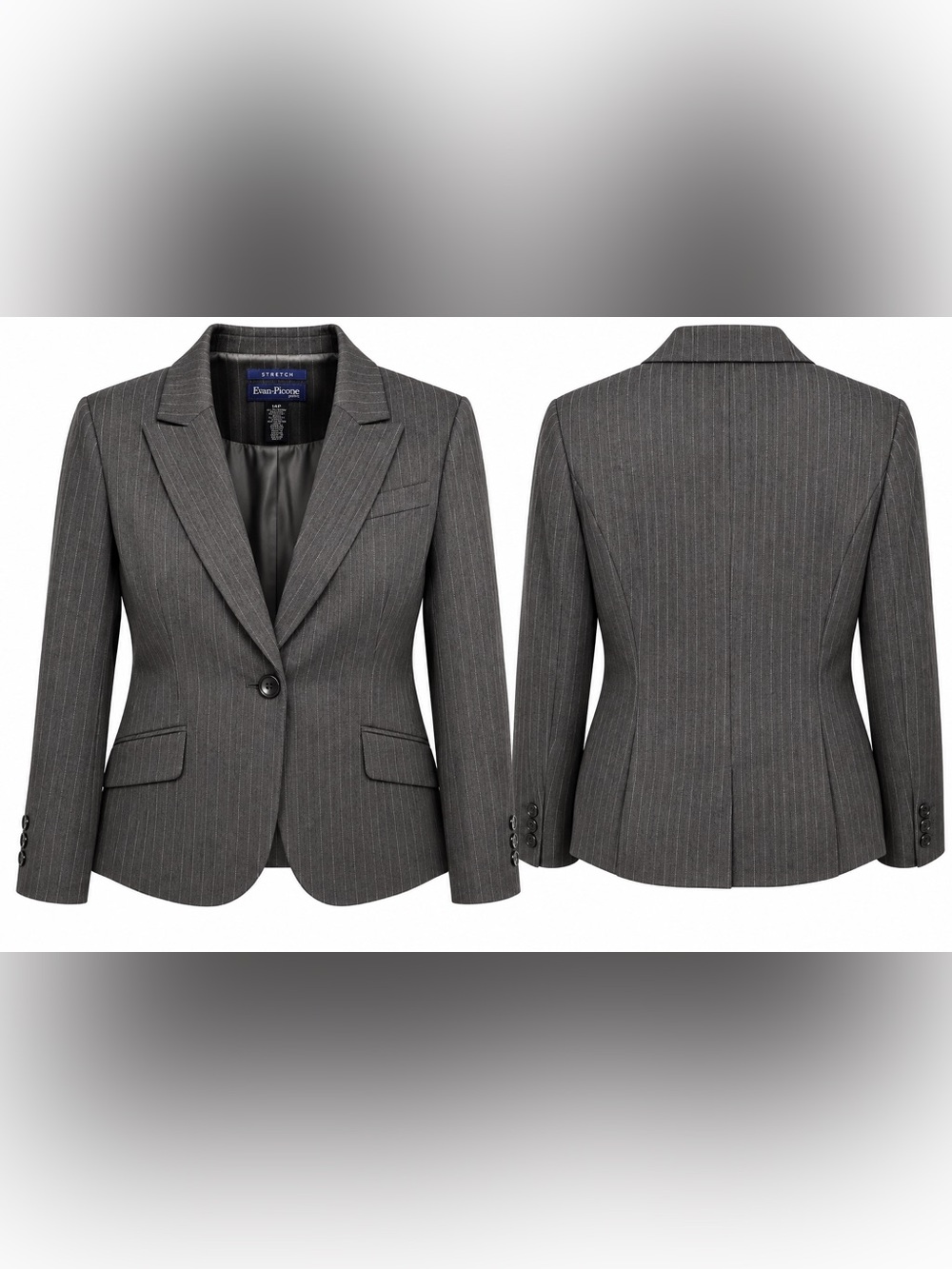 Evan Picone Charcoal Gray Pinstripe Tailored Blazer Vinatge Size 14 Petite